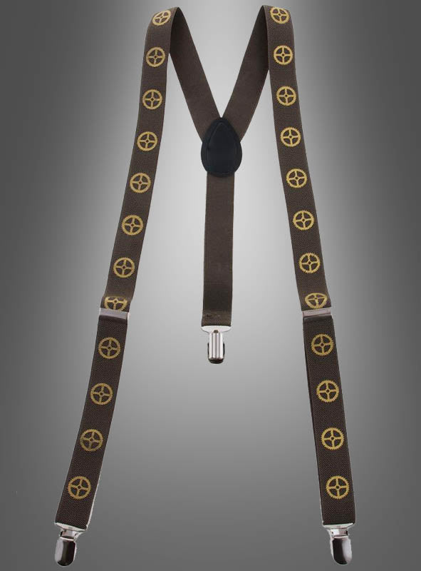 Zahnrad-Hosenträger im Steampunk-Stil mit braunen Trägern, verziert mit gelben fünfzackigen Sternmotiven und silbernen Clips vor einem grauen Farbverlaufshintergrund – diese Hosenträger sind ein einzigartiges Steampunk-Accessoire für jedes Outfit.