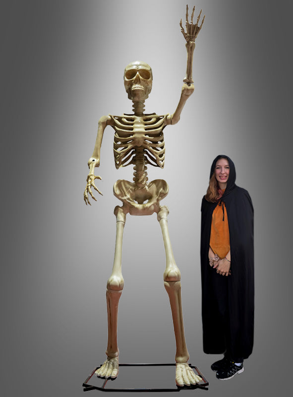 Eine Person in einem schwarzen Umhang steht neben dem „Gigantischen Skelett Big Bone 335 cm“ mit erhobenem Arm vor einem schlichten grauen Hintergrund – perfekt als auffällige Halloween-Dekoration.