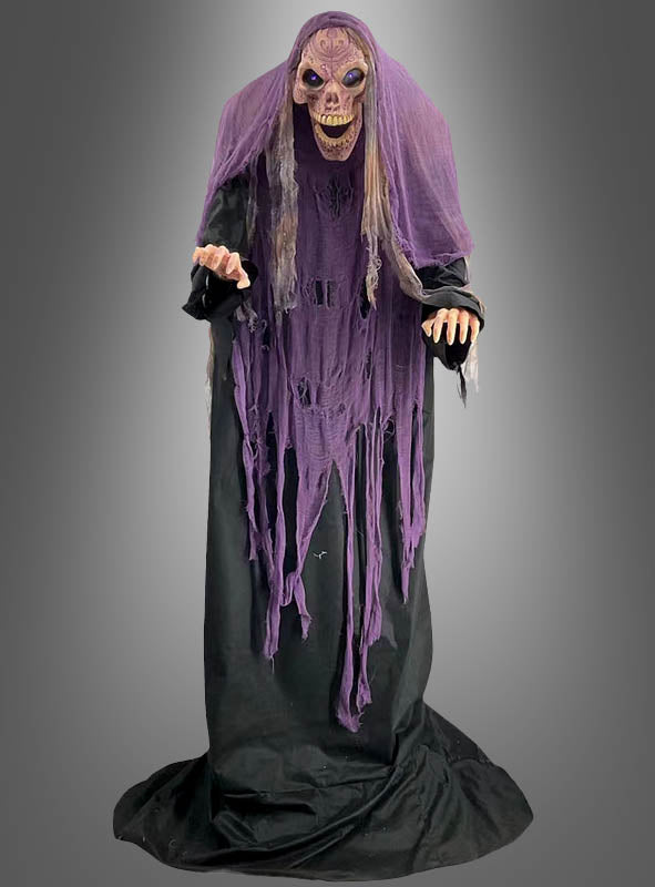 Verleihen Sie Ihrer Grusel-Dekoration eine ganz neue Note mit der Animatronik-Figur „Hochfahrender Skelettmagier“ (180 cm) – einem Halloween-Dekorationselement, das einen Ghul mit einem totkopfartigen Gesicht, einem zerrissenen violetten Schleier und einer langen schwarzen Robe darstellt, dessen mit Krallen versehenen Hände erhoben sind, um eine unheimliche Skelettmagier-Atmosphäre zu erzeugen.
