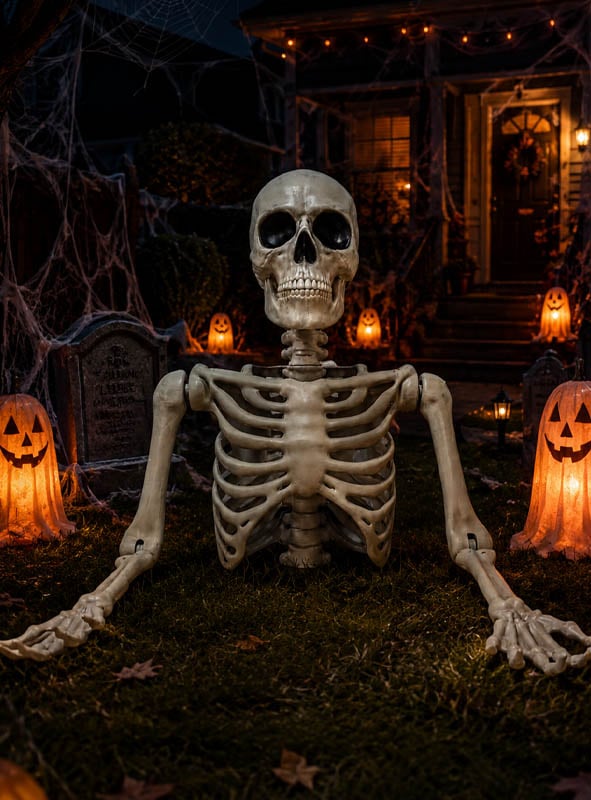 Ein riesiger Skelett-Torso (Tom, 104 cm) sitzt auf dem Rasen zwischen leuchtenden Kürbislaternen und Grabsteinen vor einem Haus, das nachts mit Halloween-Dekoration wie Lichterketten und Spinnweben geschmückt ist.