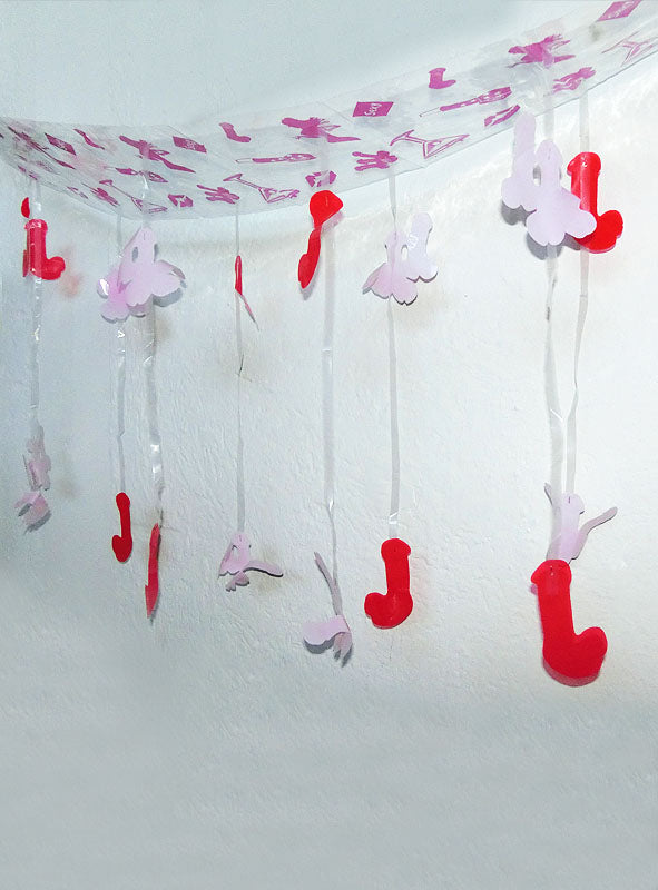 Verschönern Sie Ihre Feierlichkeiten mit der „Bachelorparty JGA Penis-Deko“ – einem verspielten Banner mit hängenden rosa und roten Plastikfiguren in Penis- und Hasenform, die an durchsichtigen Bändern befestigt sind und sich ganz einfach an einer weißen Decke anbringen lassen – ideal als Junggesellinnenabschied-Deko oder lustige Penis-Dekoration für jede Junggesellinnen- oder Junggesellenparty.