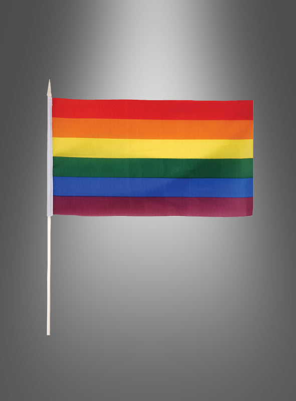 Die Stockfahne „Flagge Regenbogen“ (29 x 17 cm) mit sechs horizontalen Streifen, die an die ikonische Regenbogenfahne erinnern, ist an einem Mast vor einem grauen Hintergrund mit Farbverlauf zu sehen.
