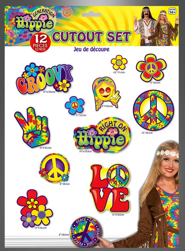 Ein Set aus 12 farbenfrohen Wanddekorations-Ausschnitten mit Hippie-Symbolen aus den 70ern, darunter Peace-Zeichen, Blumen und Sprüche wie „Groovy“, „Love“, „Hippie“ und „Right On“ – sowie eine kostümierte Frau in der rechten unteren Ecke – ideal, um Ihrer Feier authentisches Hippie-Flair zu verleihen.