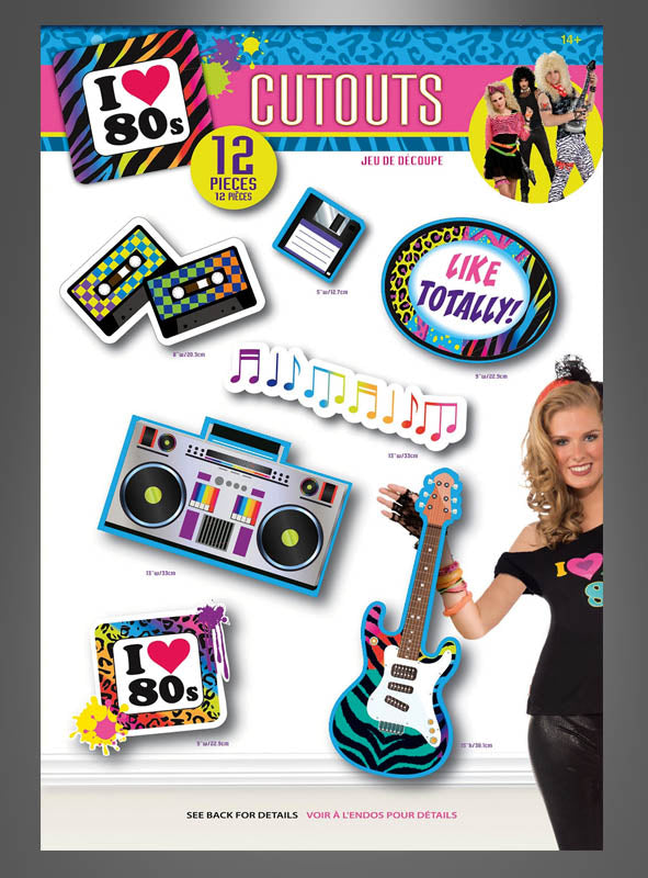 Bringen Sie den 80er-Jahre-Flair auf Ihre Party – mit der „80er Jahre Cutouts Raumdeko 12 Teile“: ein Bogen mit lustigen Ausschnitten, darunter eine Boombox, eine Gitarre, Kassetten, „I ♥ 80s“-Schilder, Noten und eine Sprechblase mit der Aufschrift „LIKE TOTALLY!“ – dazu eine Frau, die rechts eine Pose einnimmt. Perfekt als Teil Ihres 80er-Deko-Sets oder einzeln als auffällige 80er-Jahre-Ausschnitte!.
