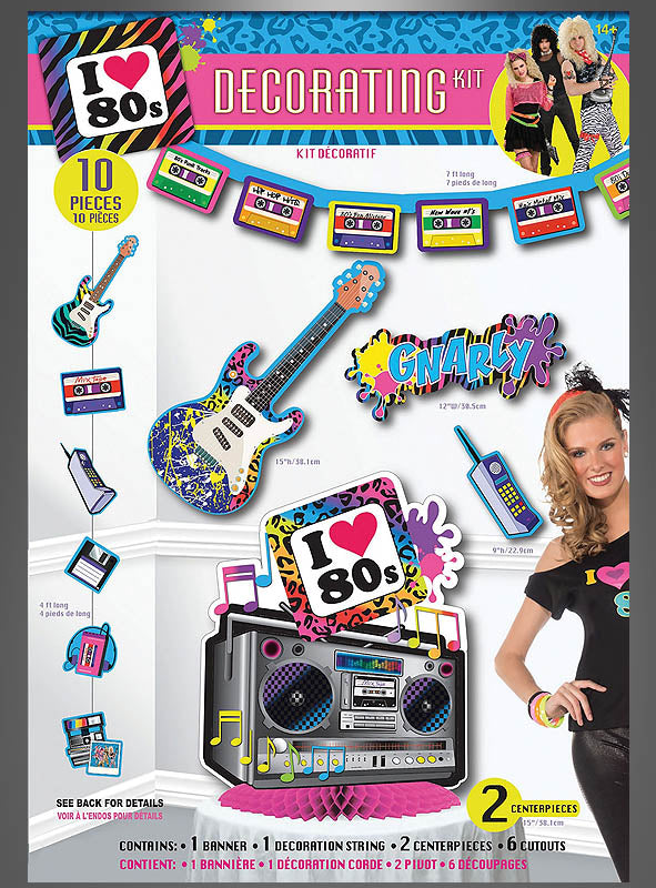 Verleihen Sie Ihrer Party mit dem 80er-Jahre-Deko-Set (10 Teile) das gewisse Etwas – dieses farbenfrohe Set enthält bunte Ausschnitte von Kassetten, einer Gitarre, einem „Gnarly“-Spritzbild, einer Boombox und einer Figur in Retro-Mode der 80er Jahre. Alle 10 Teile sind auf weißem Hintergrund abgebildet und eignen sich perfekt, um bei Ihrer nächsten Veranstaltung die ultimative 80er-Jahre-Dekoration zu gestalten.