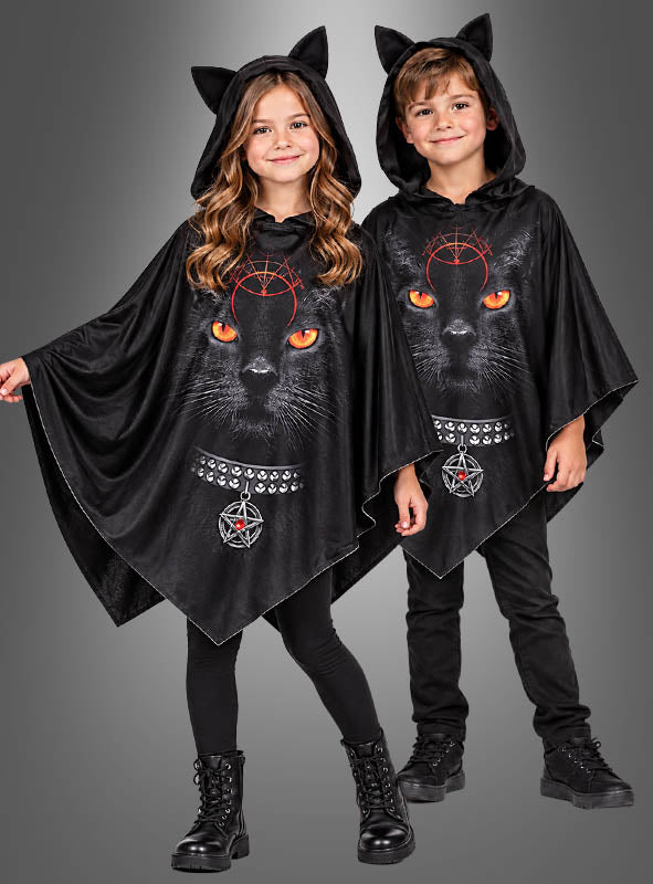 Schwarze Katze Poncho mit Kapuze Kinder