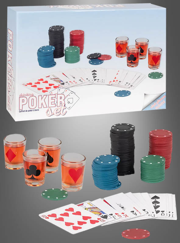 Das Trinkspiel-Poker-Set „Casino“ enthält Casino-Chips, Spielkarten und Schnapsgläser, die mit Kartensymbolen verziert sind – diese sind sowohl auf der Innen- als auch auf der Außenseite der Verpackung abgebildet –, und ist damit das ideale Partyspiel für Ihren nächsten Pokerabend.
