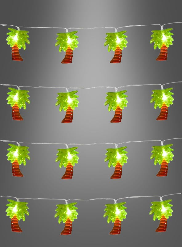 Die „Lichterkette 140 cm Palmen Sommerparty“ besteht aus abwechselnd leuchtenden grünen Palmblättern und roten, strumpfförmigen Ornamenten, die in vier horizontalen Reihen auf grauem Hintergrund angeordnet sind – perfekt als Palmen-Lichterkette oder LED-Lichterkette für Ihre nächste Hawaii-Party-Dekoration.