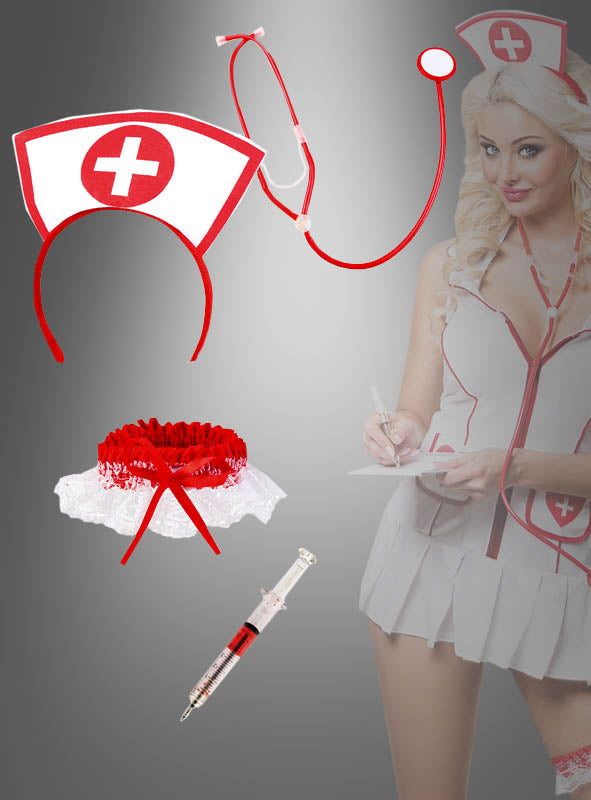 Eine Frau, die das Krankenschwester-Zubehörset trägt – bestehend aus einem kurzen Krankenschwesterkostüm, einer passenden Haube, einem Stethoskop, einem rot-weißen Strumpfband und einer Spielzeugspritze –, steht und schreibt auf ein Klemmbrett; die ideale Wahl für jedes Ärzte-Party-Zubehör oder jedes Krankenschwester-Party-Set.