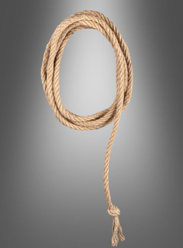 Ein aufgerolltes Stück des „Western Lasso Seil“ in der Länge von 185 cm in der Farbe „Tan“ mit einem einfachen Knoten an einem Ende ist vor einem neutralen grauen Hintergrund abgebildet.