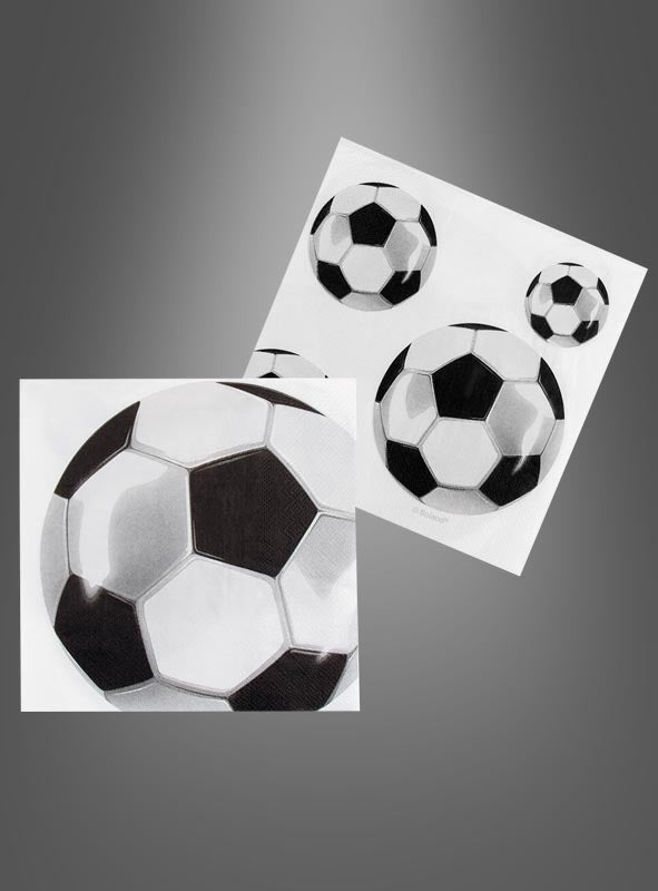 Zwei weiße Servietten mit schwarz-weißen Fußballmotiven sind vor einem grauen Farbverlaufshintergrund abgebildet, wodurch diese 20 Stück Servietten im Format 33 x 33 cm mit Fußballmotiv die perfekte Wahl als Fußball-Dekoservietten für Ihre nächste Fußballparty oder Ihren nächsten Fußballgeburtstag sind.