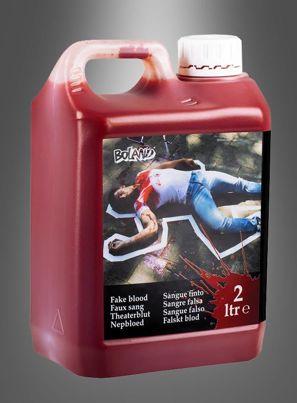 Ein Kanister mit Kunstblut (2000 ml), dessen Etikett mit dem Umriss eines Tatorts und leuchtend roten Spritzern verziert ist – ideal für Halloween-Partys oder um Ihrer Veranstaltung Spezialeffekte in Kinoqualität zu verleihen.