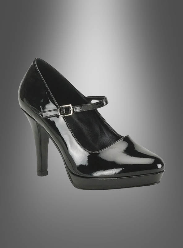 Die „High Heels Lack Schwarz Größe 37“ sind schwarze Mary-Jane-Schuhe aus Lackleder mit hohem Absatz, abgerundeter Schuhspitze, Plateausohle und einem Fesselriemen mit kleiner Schnalle, die vor einem grau verlaufenden Hintergrund abgebildet sind.