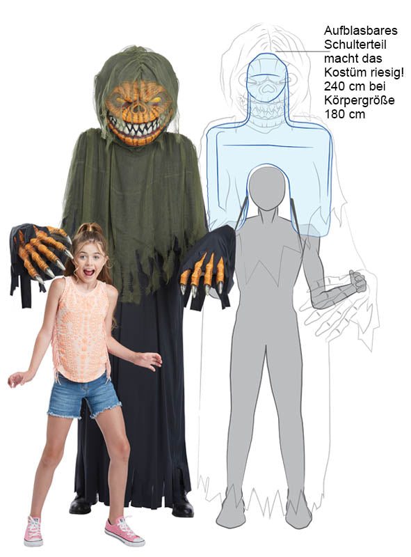 Ein junges Mädchen steht überrascht neben einem riesigen Horror-Kürbis-Kostüm oder einer Dekoration (ca. 240 cm) in Form eines furchterregenden Kürbismonsters, wobei Text und Abbildungen die aufblasbaren Schultern und Maße des Halloween-Kostüms zeigen.