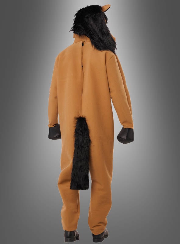 Eine Person trägt das „Pferd-Kostüm Unisex mit Ani-Motion-Maske“ – ein braunes Tierkostüm mit schwarzer Mähne, Ohren, Schweif und dunklen Hufen – und steht mit dem Rücken zur Kamera vor einem grauen Hintergrund.