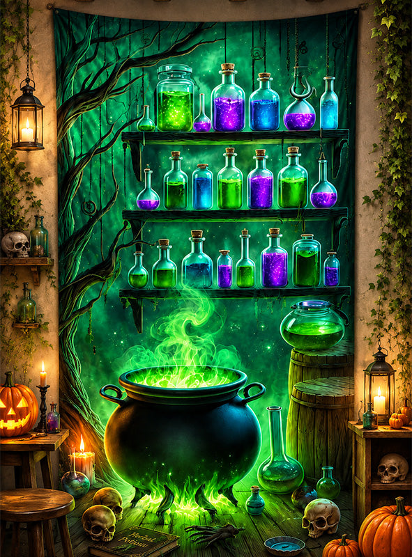 Vor leuchtenden Regalen voller Zaubertränke ist ein schwarzes, waschbares „UV Hexenkessel“-Wandbild (100 x 185 cm) zu sehen, über dem grüner Rauch aufwirbelt – so entsteht eine zauberhafte Halloween-Dekoration mit Kürbissen, Totenköpfen und Fläschchen. Der lebhafte UV-Effekt erweckt das waschbare Wandbild zum Leben und verleiht ihm einen wahrhaft bezaubernden Charme.