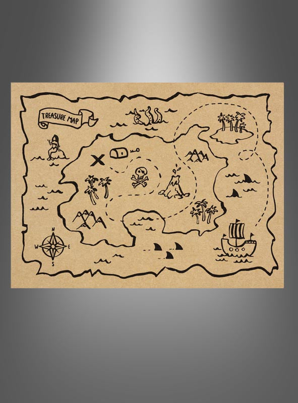 Ein 6er-Set „Platzset Schatzkarte Piratenparty Kindergeburtstag“ mit handgezeichneten Schatzkarten auf braunem Papier, auf denen Inseln, Palmen, Berge, ein Vulkan, ein Schiff, Meeresbewohner und ein gepunkteter Weg zum X abgebildet sind – ideal als Tischsets für Ihre nächste Piratenparty oder als originelle Tischdekoration.