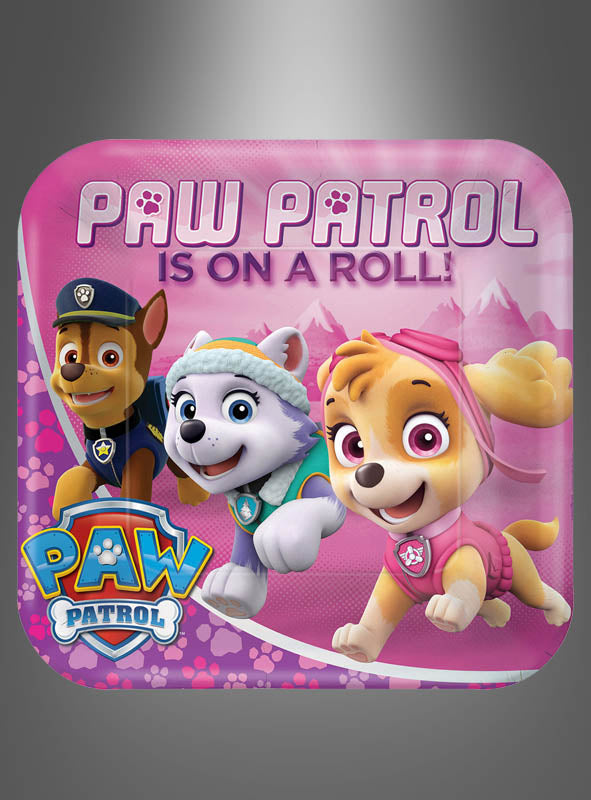 Acht „Paw Patrol“-Pappteller (22,8 cm) zeigen Chase, Everest und Skye auf rosa Hintergrund mit dem Schriftzug „Paw Patrol is on a roll!“ und dem „Paw Patrol“-Logo in der unteren linken Ecke – perfekt für jede „Paw Patrol“-Mädchen-Kinderparty.