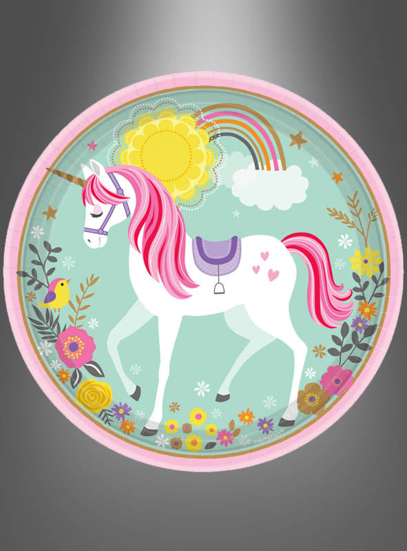 Illustration eines weißen Einhorns mit rosa Mähne, umgeben von Blumen, einem Vogel, der Sonne, einem Regenbogen und Wolken, vor hellblauem Hintergrund auf dem runden Einhorn-Pappteller (8 Stück) – die perfekte Ergänzung für deinen Einhorn-Geburtstag und deine zauberhafte Einhorn-Partydekoration.