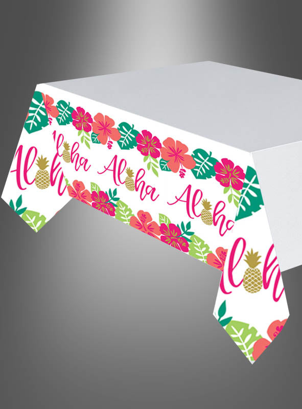 Papiertischdecke „Aloha Hawaii“ (137 x 259 cm) mit weißem Hintergrund, dem Schriftzug „Aloha“, rosa Hibiskusblüten, grünen Blättern und gelben Ananasfrüchten an den Rändern – perfekt für Ihre nächste Hawaii-Party.