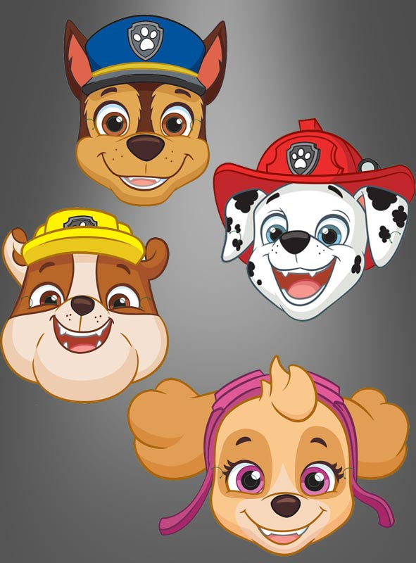 Hier ist ein überarbeiteter Satz unter Verwendung Ihrer Produktdaten: Diese 4 „Paw Patrol“-Masken aus Papier zeigen die Gesichter von Zeichentrickhunden, die jeweils einen andersfarbigen Hut mit einem Abzeichen in Form eines Pfotenabdrucks tragen, vor einem schlichten grauen Hintergrund mit Farbverlauf – perfekte Gesichtsmasken für Kinder für jede Kindergeburtstagsfeier.