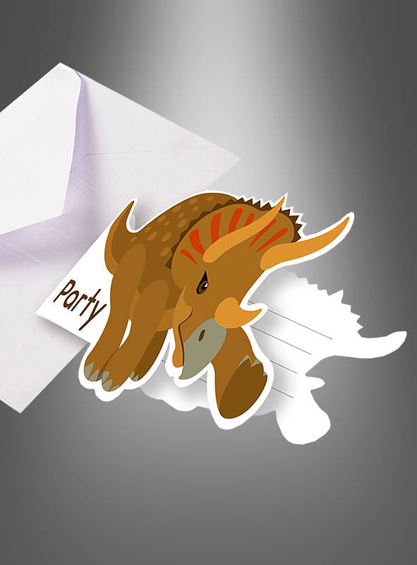 Eine Einladungskarte zur Dino-Party aus dem Set „8 x Dino-Party-Einladungen mit Umschlägen“ ist teilweise zu sehen, wie sie aus einem weißen Umschlag vor einem grauen Farbverlaufshintergrund herausragt, und fängt den verspielten „Jurassic Park“-Stil perfekt ein.