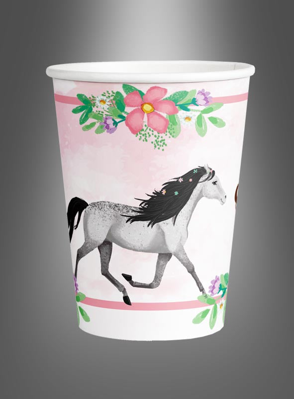 8 Pappbecher mit Pferdemotiv als Tischdekoration, 250 ml – mit grauem Pferdemotiv auf rosa Hintergrund und floralen Verzierungen, ideal für eine Kindergeburtstagsfeier oder als stilvolle Dekoration für eine Pferde-Mottoparty.