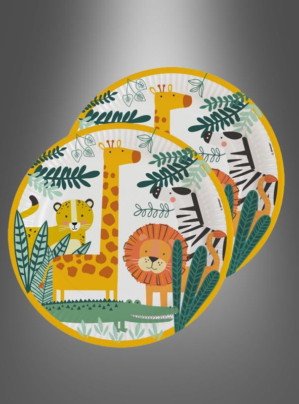 8er-Set runde Pappteller „Dschungeltiere“ (23 cm) mit farbenfrohen Motiven einer Giraffe, eines Löwen, eines Zebras und eines Geparden, umgeben von grünen Blättern und Pflanzen auf einem grauen Hintergrund mit Farbverlauf – ideal für deinen Safari-Kindergeburtstag oder als bezaubernde Tischdekoration mit Dschungeltier-Motiven.