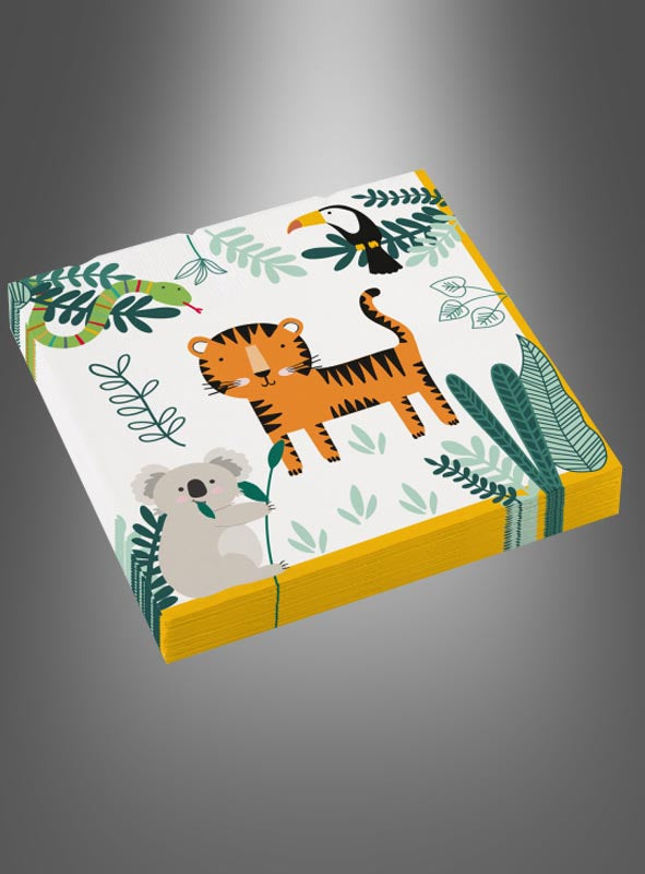Eine Packung mit 16 Servietten „Dschungeltiere“, verziert mit bezaubernden Motiven eines Tigers, eines Tukans, einer Schlange und eines Koalas inmitten grüner Blätter auf weißem Hintergrund mit gelben Rändern – ideal als Tischdekoration zum Thema „Dschungeltiere“ für jeden Kindergeburtstag.
