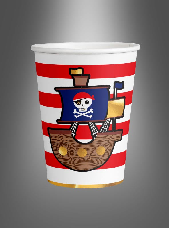 Sticht in See zum Spaß mit der Pappbecher-Piratenparty (8 Stück)! Diese weißen Pappbecher sind mit kräftigen roten Querstreifen und einem verspielten Cartoon-Piratenschiff verziert, das mit einem Totenkopf und gekreuzten Knochen geschmückt ist, sowie mit goldenen Akzenten an der Seite. Dieser fröhliche Einweg-Pappbecher eignet sich perfekt für jede Piraten-Kindergeburtstagsfeier oder Piratenparty.