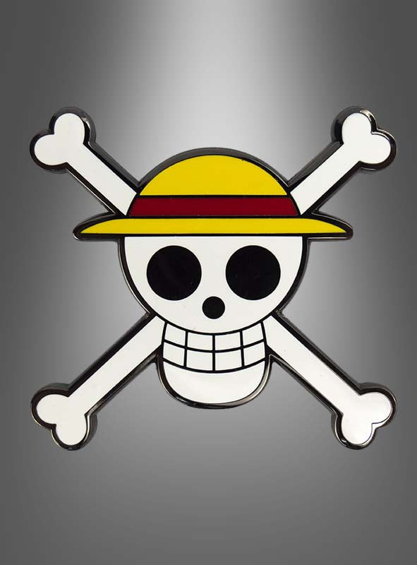 Mit einem Cartoon-Totenkopf mit gelbem Strohhut und rotem Band vor einem grauen Farbverlaufshintergrund ist der „One Piece“-Magnet für die Kühlschranktür (5,5 cm) der perfekte Kühlschrankmagnet für Fans, die auf der Suche nach echter „One Piece“-Lizenzware sind.