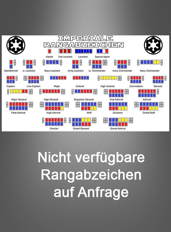 Eine Tabelle mit verschiedenen militärischen Rangabzeichen des Imperiums aus „Star Wars“, sortiert nach Rangbezeichnungen, wobei farbige Balken die Gestaltung der jeweiligen Rangabzeichen verdeutlichen. Enthält bemerkenswerte Designs wie das Rangabzeichen von Juno Eclipse und einzigartige Varianten wie das Abzeichen der 501. Legion.
