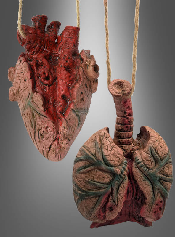 Zwei anatomische Skulpturen – ein detailgetreues Herz und eine aufwendig gearbeitete Lunge – hängen nebeneinander an Schnüren vor einem grauen Hintergrund mit Farbverlauf und sind damit auffällige Deko-Elemente zum Thema „Innereien und Leichenteile“ für Halloween.