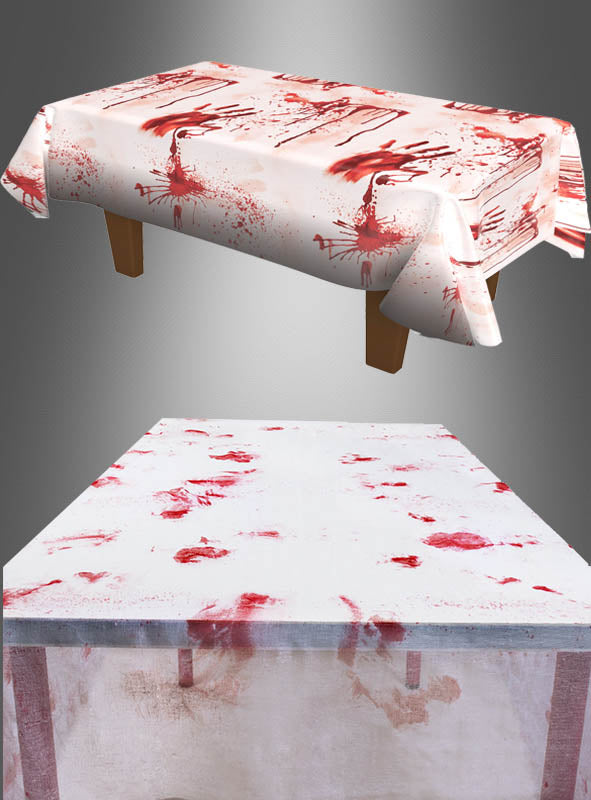 Zwei Tische sind mit der „Blutige Tischdecke Halloweendeko“ gedeckt – weiße Tischdecken, die mit realistisch wirkenden roten, blutähnlichen Spritzern und Flecken verziert sind – und bilden so einen dramatischen Blickfang für Ihre gruselige Feier. Vor einem grauen Hintergrund mit Farbverlauf verleihen diese blutigen Tischdecken jeder gruseligen Feier ein schauriges und festliches Flair und sind damit die perfekte Halloween-Dekoration.