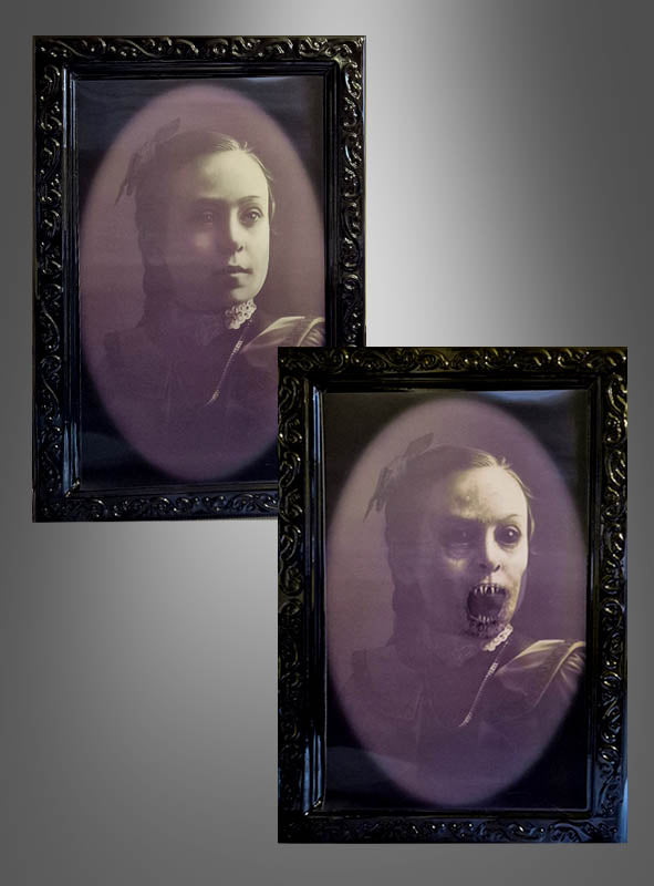 Zwei gerahmte Porträts aus der „Gruseliges Hologramm Wackelbild Halloween-Deko“-Serie: Das erste zeigt das Gesicht einer Frau, während das zweite dasselbe Gesicht in einer skelettartigen, gespenstischen Darstellung zeigt. Beide Bilder sind vor einem neutralen Hintergrund mit Farbverlauf angeordnet.