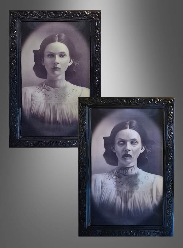 Zwei gerahmte Porträts aus der Serie „Gruseliges Hologramm Wackelbild Halloween-Deko“: Das obere Bild zeigt eine Frau mit neutralem Gesichtsausdruck, während das untere ihre unheimliche Verwandlung mit dunklen Augen und eingefallenen Wangen offenbart.