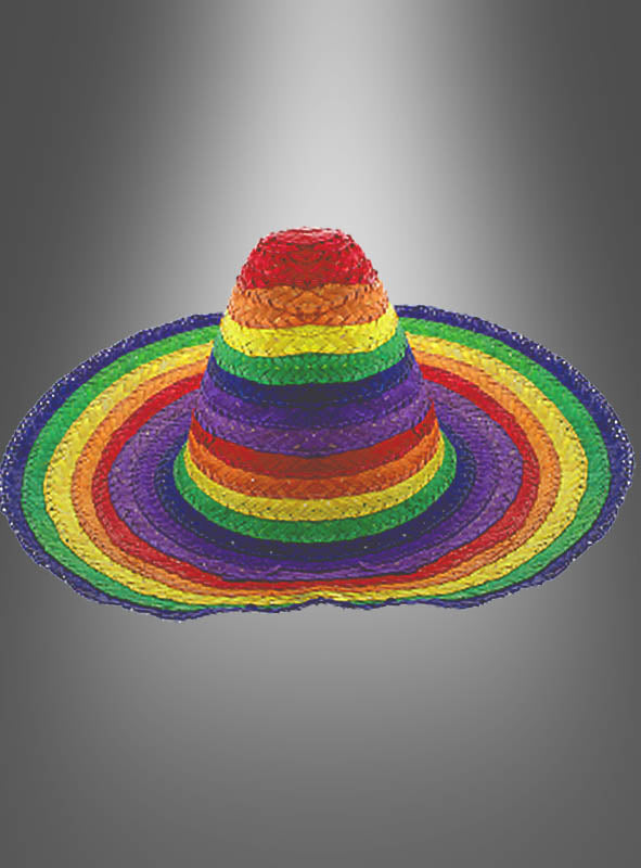 Der „Mexikaner Hut Sombrero Unisex“, ein großer, geflochtener Hut mit leuchtenden Regenbogenstreifen, hebt sich lebhaft von einem schlichten grauen Hintergrund ab.