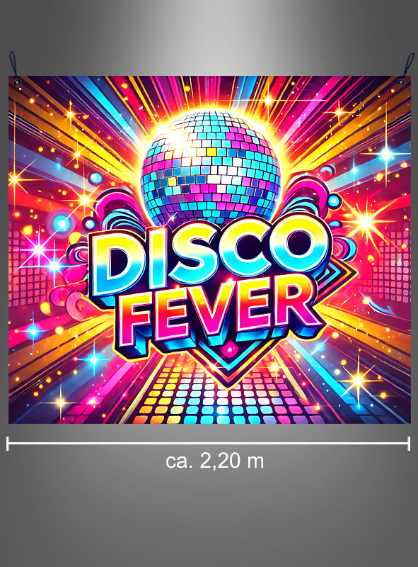 „Disco Fever“ – Stoffbanner (190 x 220 cm), waschbare Partydekoration mit einer Mosaik-Discokugel, leuchtenden Lichtblitzen und geometrischen Mustern; ideal als Wanddekoration im Stil der 70er Jahre oder als Partydekoration. Breite des Banners ca. 2,20 Meter.