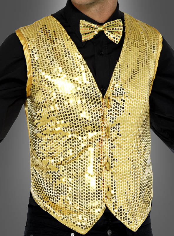 Ein Mann, der von den Schultern bis zur Taille zu sehen ist, trägt die „Weste gold mit Pailletten“ und eine dazu passende Fliege über einem schwarzen Hemd – die perfekte Wahl für ein auffälliges Casino-Kostüm.