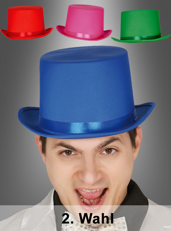 Eine Person, die einen blauen „2. Wahl“-Zylinderhut trägt, lächelt. Über ihrem Kopf befinden sich drei Zylinderhüte in den Farben Rot, Rosa und Grün. Der Text unten lautet „2. Wahl“.