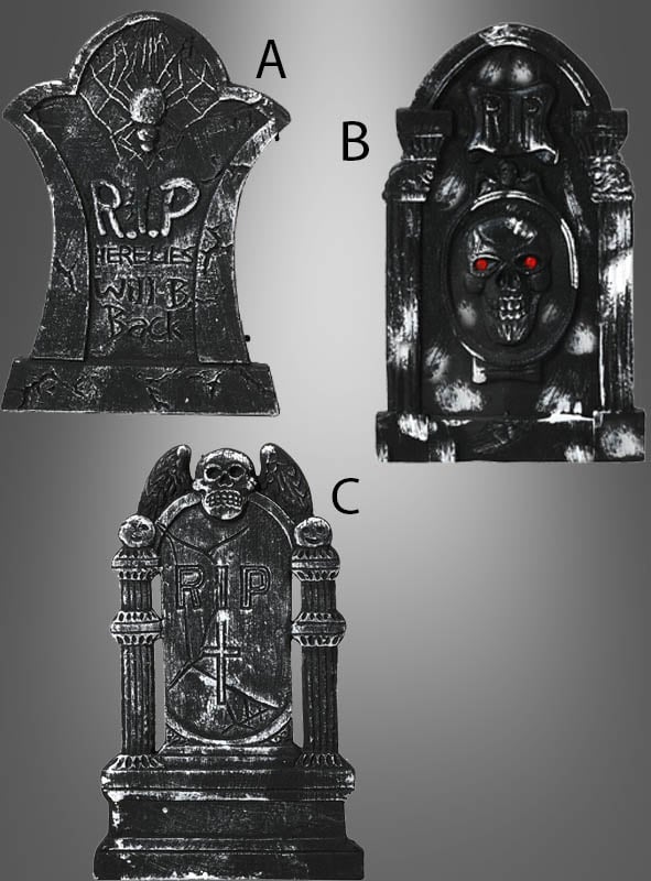 Drei Grabstein-Halloween-Dekorationen in verschiedenen Designs in Schwarz, gekennzeichnet mit A, B und C, eignen sich perfekt als Halloween-Dekoration. Grabstein B besticht durch rot leuchtende Augen und ein Totenkopfmotiv, während die Grabsteine A und C beide die Aufschrift „RIP“ in einzigartigen Designs tragen – ideale Deko-Grabsteine, um eine gruselige Atmosphäre zu schaffen.