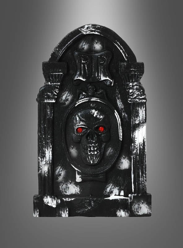 Grabstein Halloween – verschiedene Designs: ein schwarzer Grabstein mit einem Totenkopf und leuchtend roten Augen, versehen mit der Aufschrift „RIP“, fotografiert vor einem grauen Hintergrund mit Farbverlauf. Diese Halloween-Dekoration eignet sich perfekt für Ihre gruseligen Feierlichkeiten und verleiht jeder Spuk-Kulisse eine unheimliche Note.