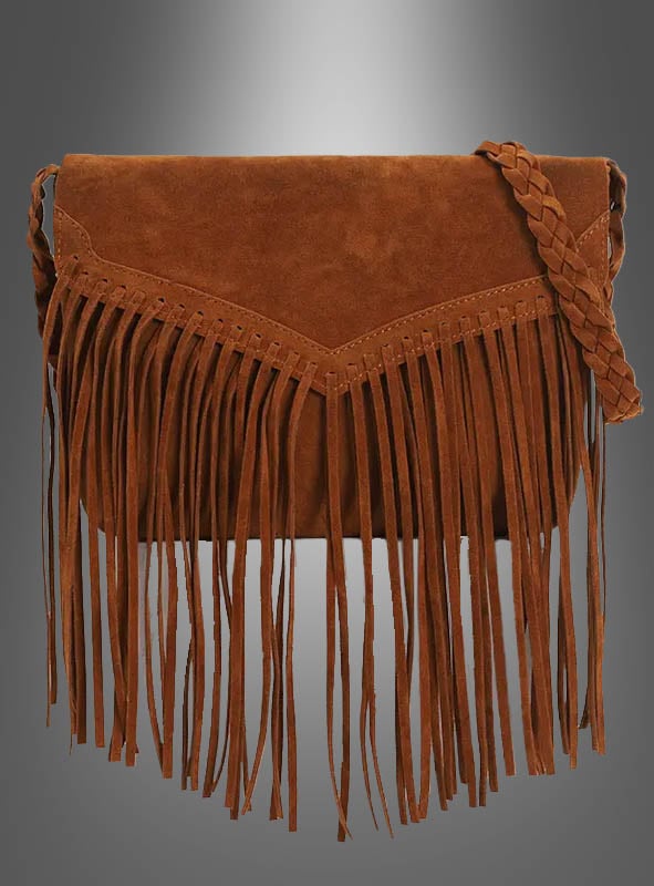 Handtasche mit Fransen, 26 cm, aus braunem Wildleder, mit langem Fransen-Detail und geflochtenem Schulterriemen, dargestellt vor einem grauen Farbverlaufshintergrund – ideal als Boho-Umhängetasche oder Hippie-Fransentasche, perfekt, um deinen Handtaschen-Outfit-Look abzurunden.