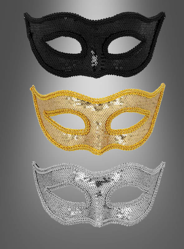 Drei mit Pailletten besetzte Masken – jeweils eine funkelnde venezianische Maske mit Pailletten in Schwarz, Gold und Silber – sind vertikal auf einem grauen Hintergrund mit Farbverlauf angeordnet.