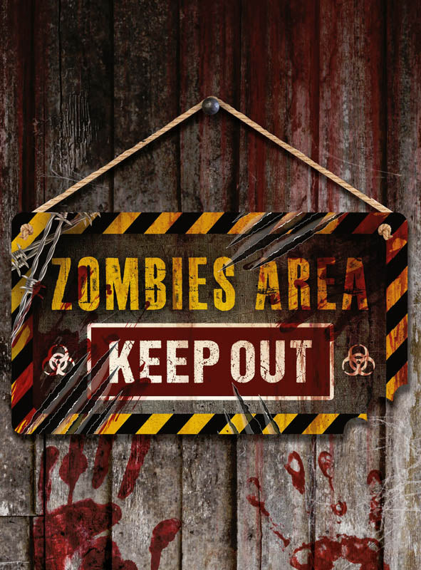 Klar! Hier ist der überarbeitete Satz unter Verwendung der angegebenen Produktdaten: Das „Halloween Schild Deluxe aus Holz 33 x 19 cm“ hängt an einer verwitterten Holzwand in realistischer Holzoptik und ist mit Biohazard-Symbolen, Kratzspuren und roten Handabdrücken verziert, die vor Gefahr warnen – eine auffällige Halloween-Dekoration für Ihre nächste gruselige Feier.