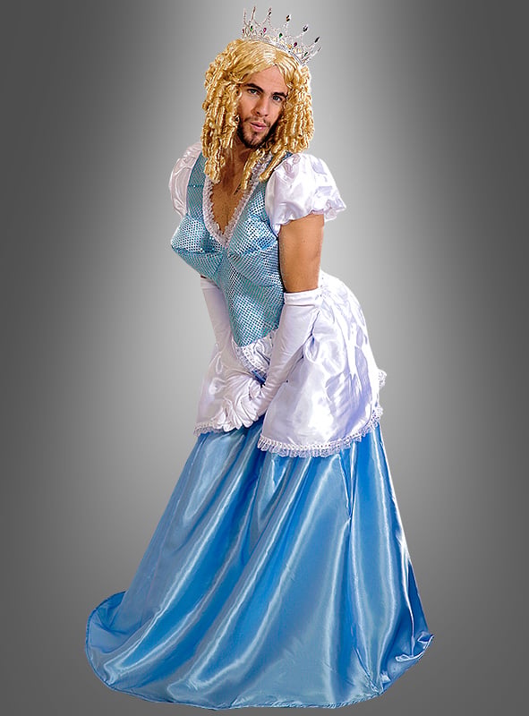Eine Person, die das „Flaschenputtel-Prinzessinnenkostüm für Männer“ trägt – bestehend aus einem blau-weißen Prinzessinnenkleid, einer blonden Perücke, Handschuhen und einer Tiara –, posiert anmutig vor einem grauen Hintergrund mit Farbverlauf.