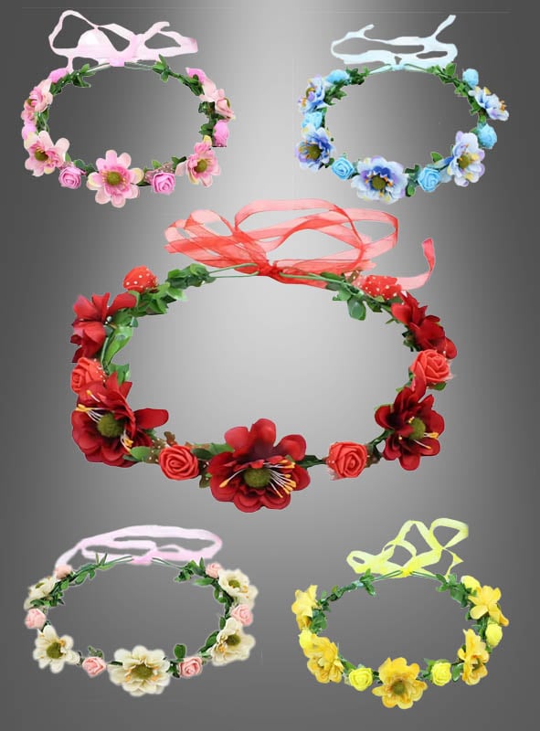 Fünf farbenfrohe Hippie- oder Elfen-Blumen-Haarkränze mit Bändern sind vor einem grauen Hintergrund mit Farbverlauf abgebildet. Ideal für Elfen-Cosplay oder als Hippie-Blumenkranz – jedes Kopfschmuckstück besticht durch eine einzigartige Blumenfarbe: Rosa, Blau, Rot, Weiß und Gelb.