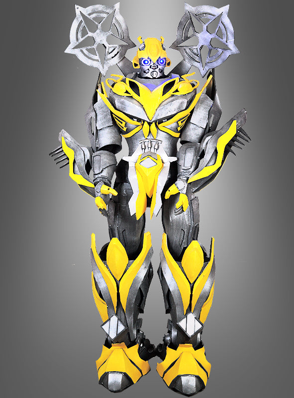 Das „Bumbleblade Roboter 270 cm Roboformer“-Eventkostüm im humanoiden Roboterdesign in Gelb, Schwarz und Silber mit beeindruckenden, Shuriken-ähnlichen Details an den Schultern hebt sich deutlich vom grauen Hintergrund ab – und ist damit die ultimative, auffällige Wahl für jede Veranstaltung oder für die Verwandlung in einen Mega-Transform-Bot.