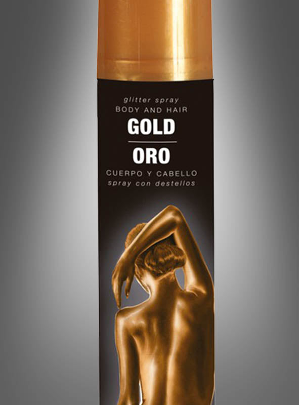 Eine Dose „Glitterspray Haar- und Körperspray“ in der Farbe „Gold Oro“, auf deren Vorderseite eine Person mit goldfarben bemalter Haut abgebildet ist, sorgt für einen atemberaubenden Glitzereffekt – perfekt, um Ihrem Look das gewisse Etwas zu verleihen.