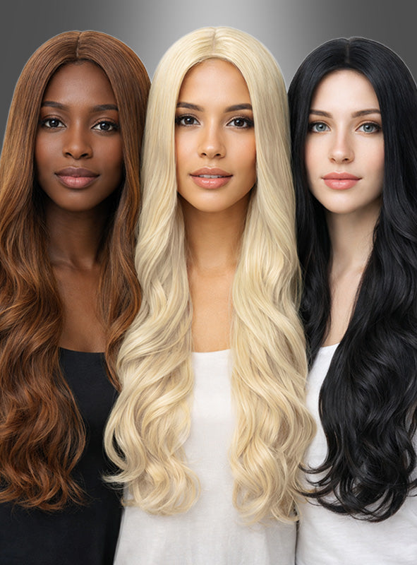 Drei Frauen mit langen, welligen Haaren – eine mit braunen Haaren, eine mit platinblonden Haaren und eine mit schwarzen Haaren – stehen nebeneinander vor einem grauen Hintergrund mit Farbverlauf und tragen jeweils die Langhaar-Perücke „Wellig Chrissy“, die sich ideal für jedes Hippie-Kostüm oder jeden festlichen Anlass eignet.